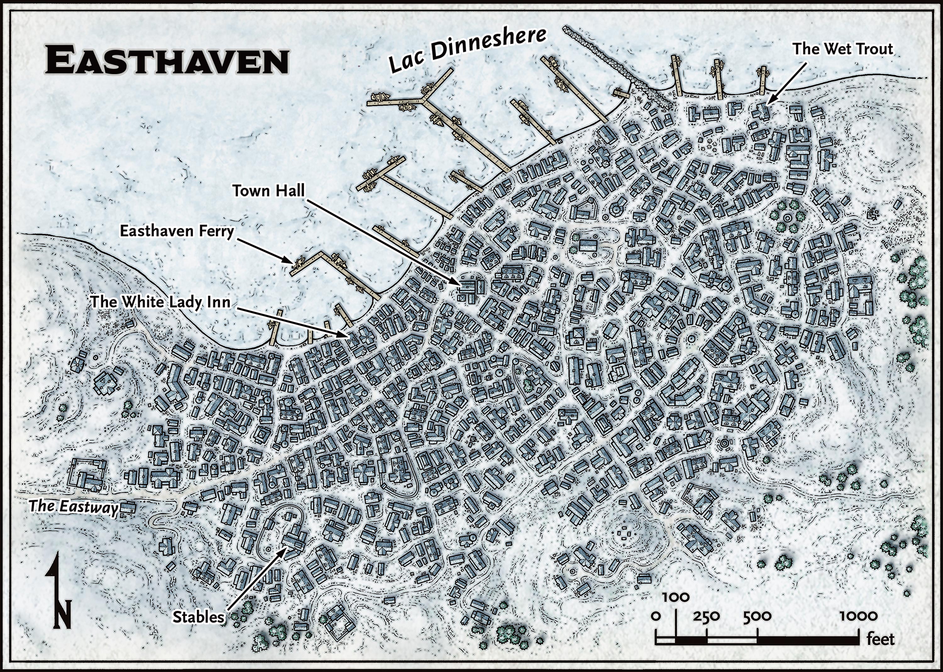 Map of Easthaven settlement showing town layout, streets, and notable buildings